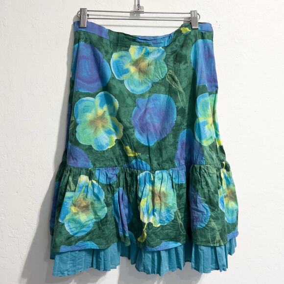 Piazza Sempione Dresses & Skirts - Piazza Sempione Skirt Sz 44 Large Blue Green Floral Ruffle Knee Y2K Cotton ZIp